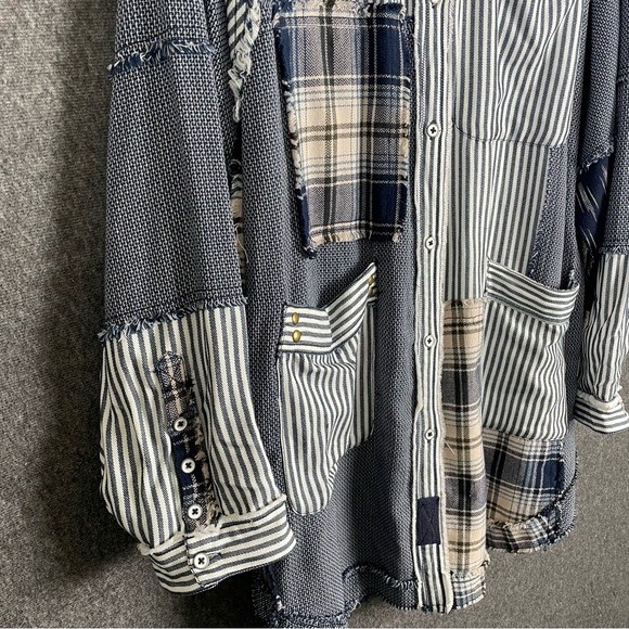 Free People Railroad Dreams Button Down Top Oversized Mid-Weight Plaid Patchwork - Picture 4 of 11